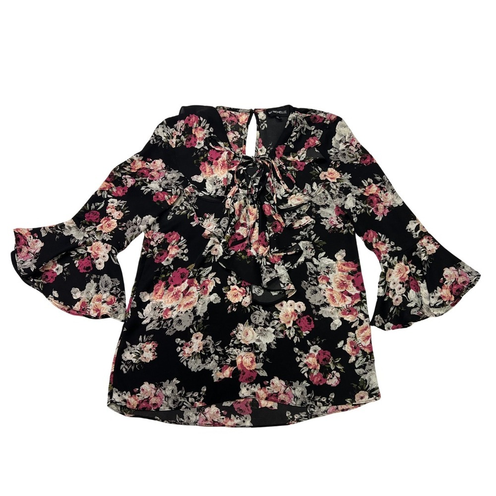 My Michelle Black Floral Women's Blouse XS Ruffle Front Bell Sleeve Boho Top